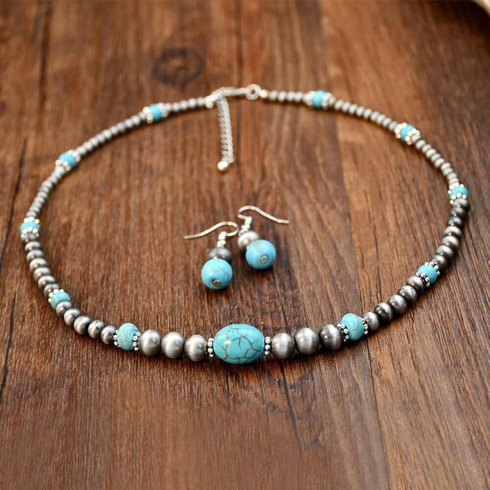 Turquoise Pearl Necklace & Earring Set Western Boho - Picture 7 of 8